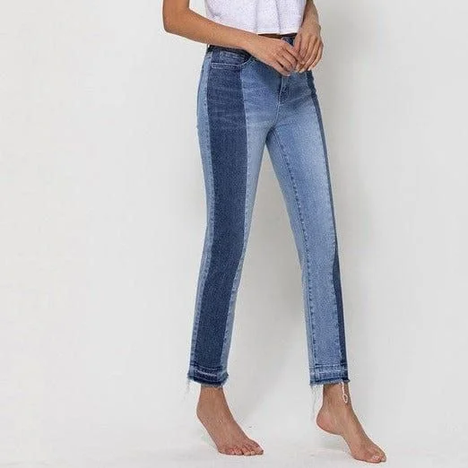 High rise crop slim straight with contrast panel