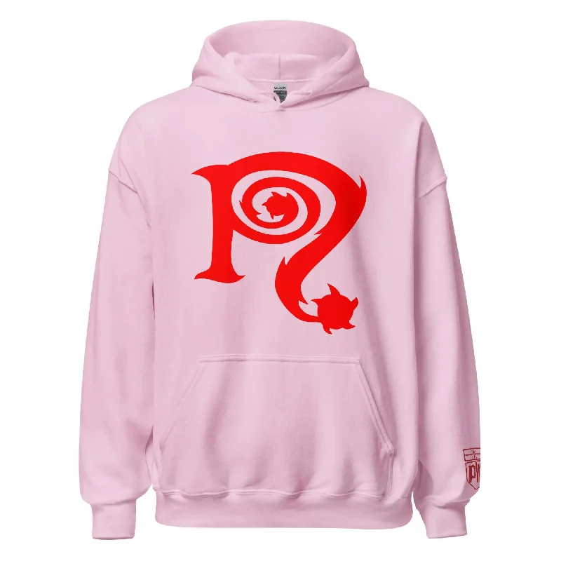 Necro - Red N Symbol/Pink - Hoodie - Gilden Heavyweight - Front & Back Prints w/ Embroidery On Arm Relaxed Hoodie Sweatshirt Fit