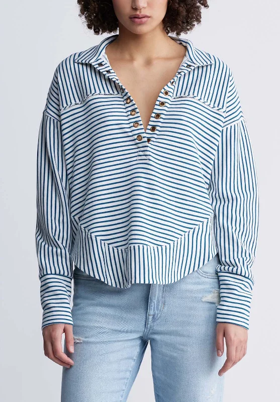 Ellowynne Women’s Striped Pullover in White & Blue - KT0099P Winter Hoodie Sweatshirt