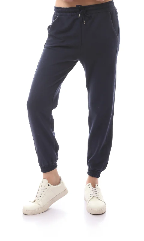 O170945 Solid Navy Blue Slip On With Drawstrings Trousers