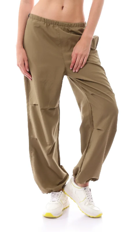 O168053 Elastic Waist With Drawstring Dark Khaki Parachute Pants