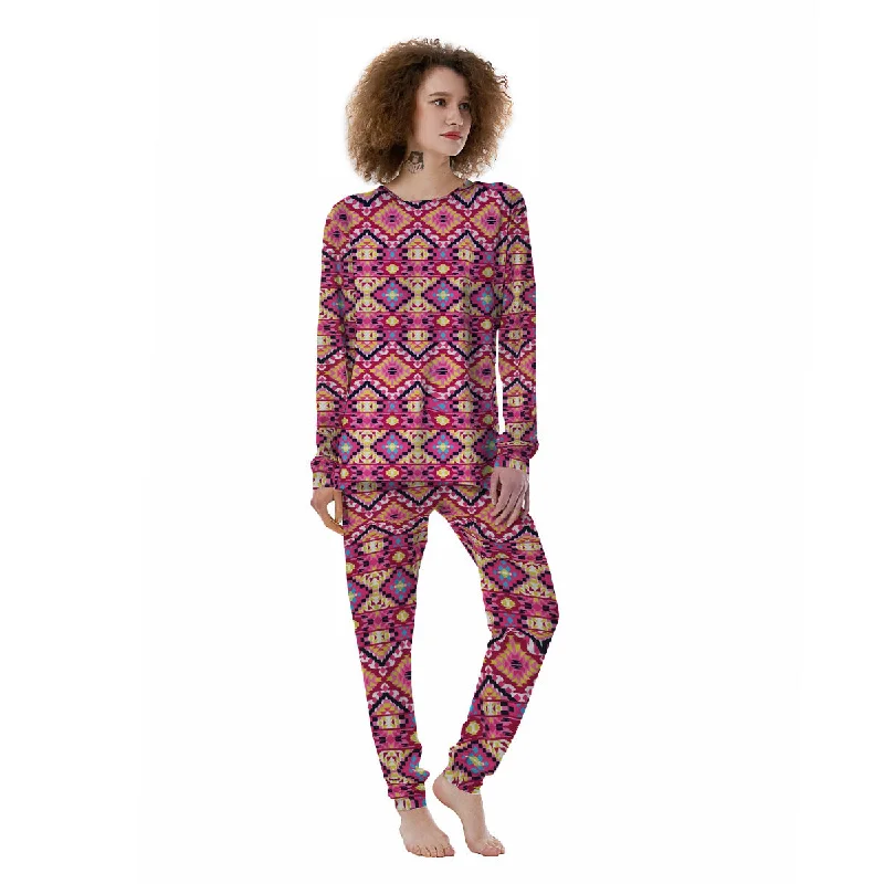 Geometric Ethnic Pink Aztec Print Pattern Women's Pajamas Breathable cotton pajama sets