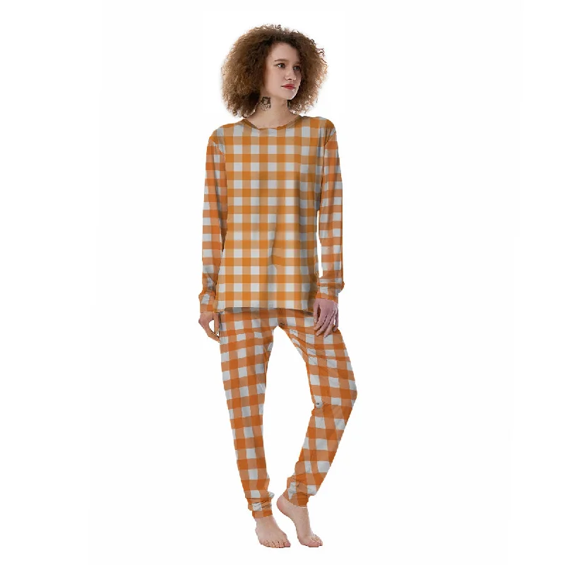 Gingham White And Orange Print Pattern Women's Pajamas Work-from-home pajama sets