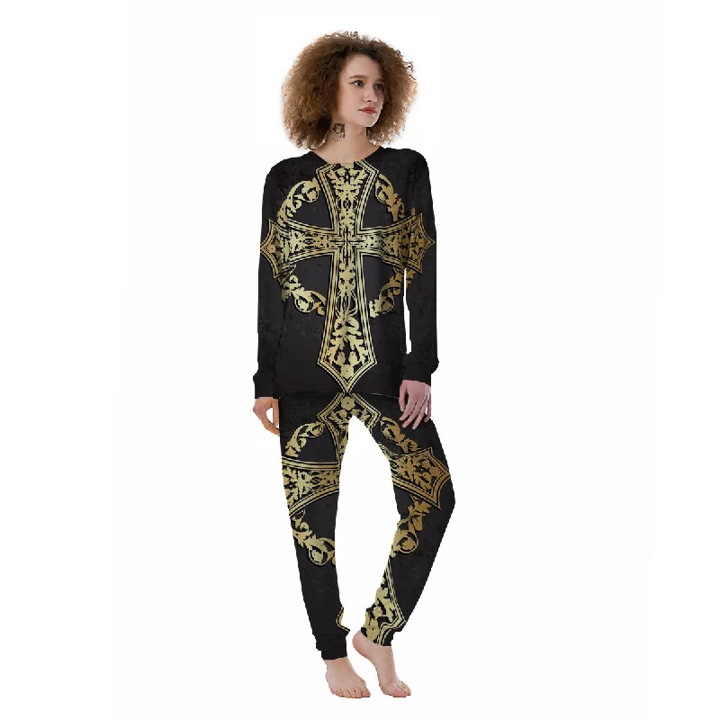 Golden Cross Ornamental Print Women's Pajamas Petite pajama sets