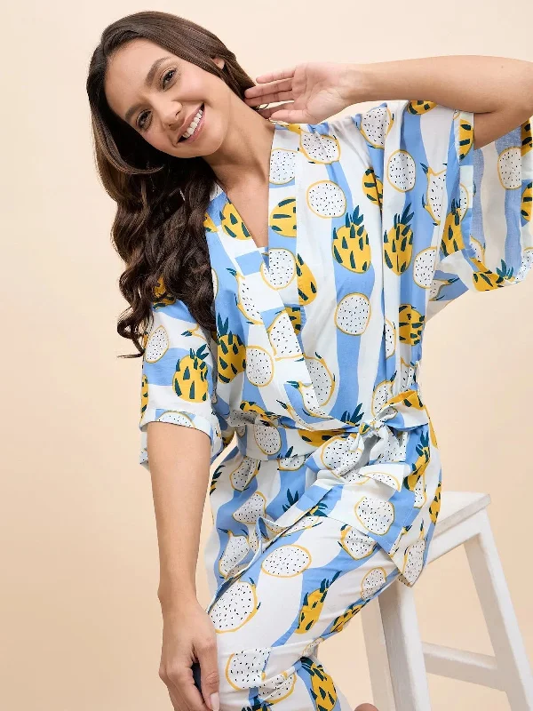 Kurta Pyjama with Kaftan Overlay Set in Blue and Yellow DragonFruit Print Cozy winter pajama sets