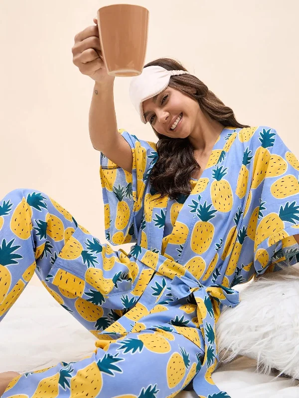 Kurta Pyjama with Kaftan Overlay Set in Blue and Yellow Pineapple Print Party pajama sets