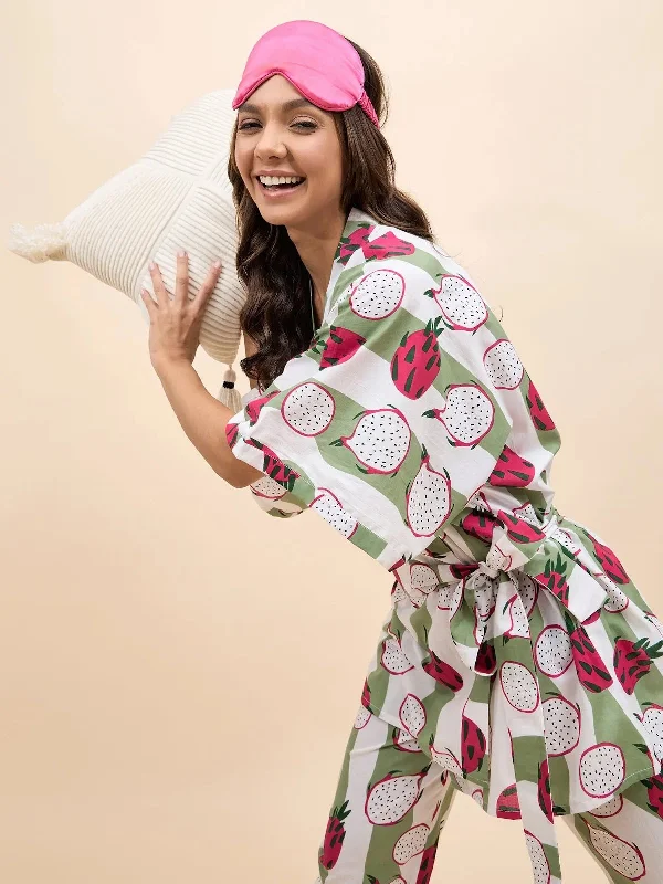 Kurta Pyjama with Kaftan Overlay Set in Green and Pink DragonFruit Print Best pajama sets for pregnancy