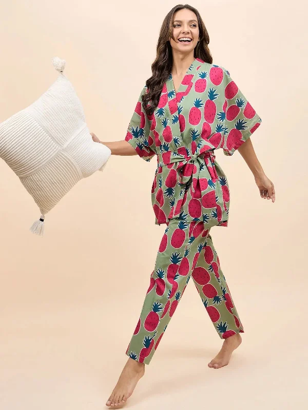 Kurta Pyjama with Kaftan Overlay Set in Green and Pink Pineapple Print Best pajama sets for hot sleepers