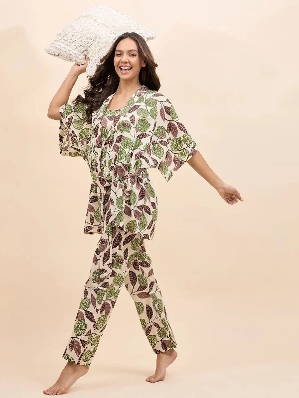 Kurta Pyjama with Kaftan Overlay Set in Green Lemon Print High-end pajama sets