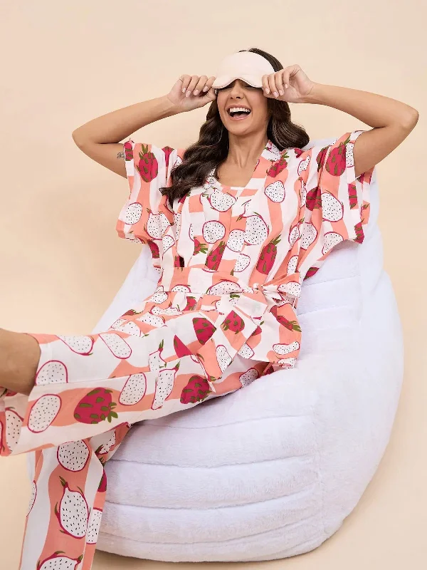 Kurta Pyjama with Kaftan Overlay Set in Peach and Pink Dragonfruit Print Best pajama sets for elderly women