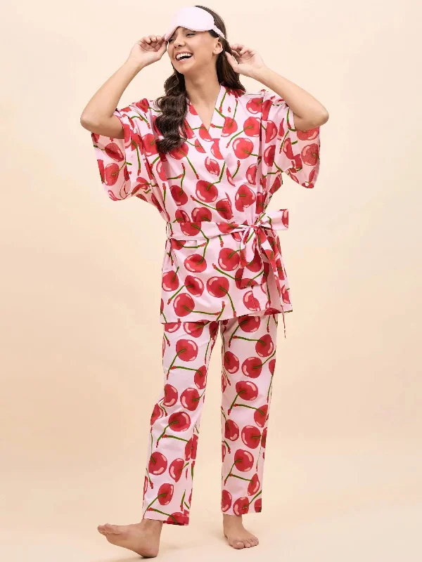 Kurta Pyjama with Kaftan Overlay Set in Red Cherry Print Personalized pajama sets