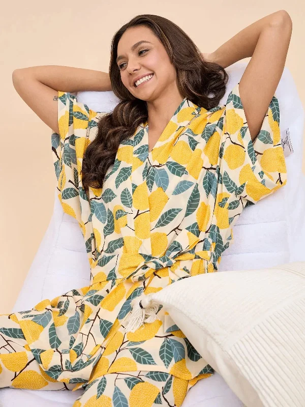 Kurta Pyjama with Kaftan Overlay Set in Yellow Lemon Print Target pajama sets