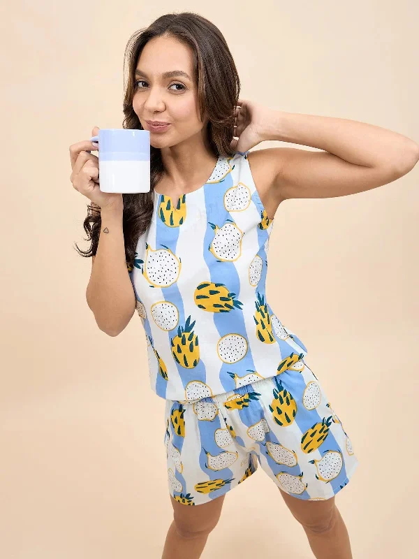 Kurta Shorts Set in Blue and Yellow DragonFruit Print Sexy pajama sets