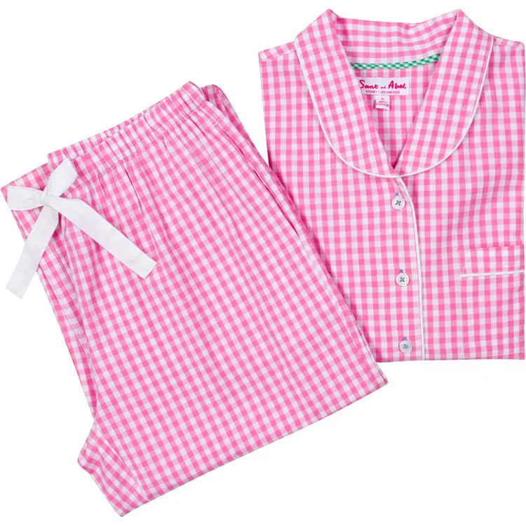 Women's Hepburn Gingham Pink Long PJ Set Softest pajama sets