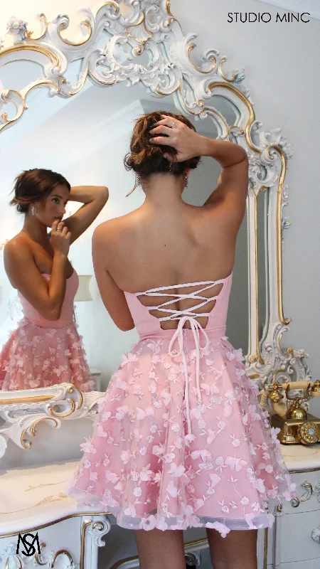 FLORENCE - Pastel Pink Mini Dress with Strapless Corset & 3D flowers Best mini dresses for petites