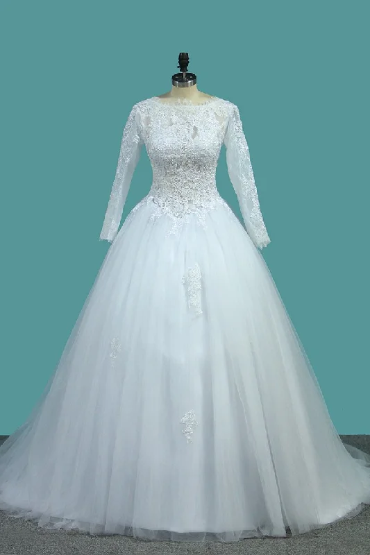 Bateau Long Sleeves A Line Tulle Wedding Dresses With Applique Court Train Lace Sleeveless Dress