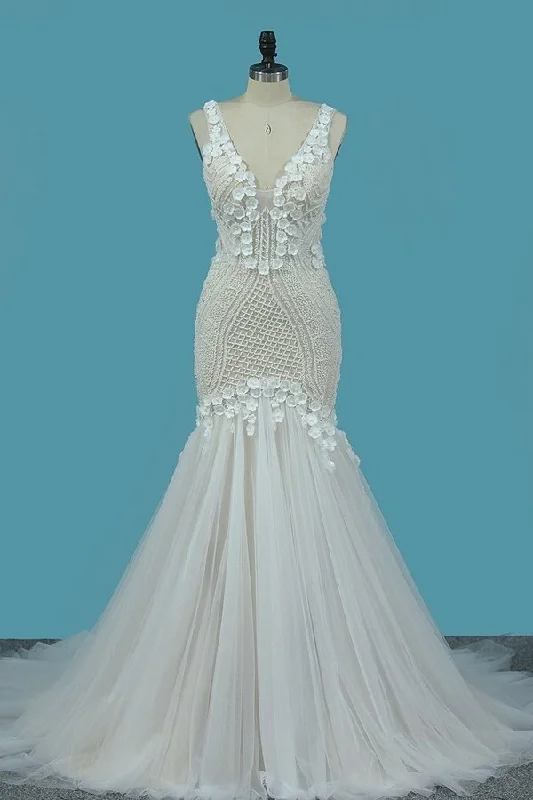 2024 Mermaid Wedding Dresses Straps Tulle With Applique PK32FPC4 Beautiful Lace Gown