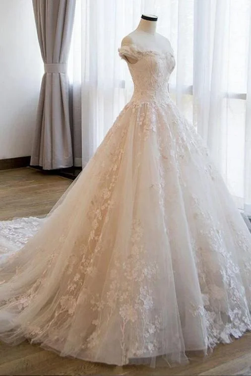 Ball Gown Off the Shoulder Lace Appliqued Wedding Dress, Ivory Bridal Dress N2586 Classic Bridal Dress