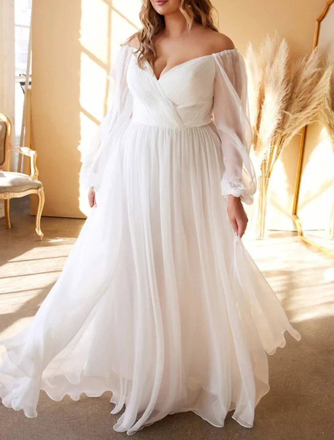 Beach Simple Wedding Dresses A-Line Off Shoulder Long Sleeve Floor Length Chiffon Bridal Gowns With Pleats Solid Color Summer Wedding Party Off-shoulder Gown