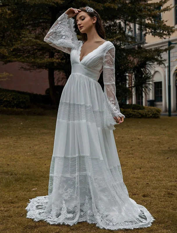 Bridal Gowns Boho Wedding Dress Long Sleeves Lace V-Neck Lace Chiffon Wedding Gowns Exclusive Ruffle Wedding Gown