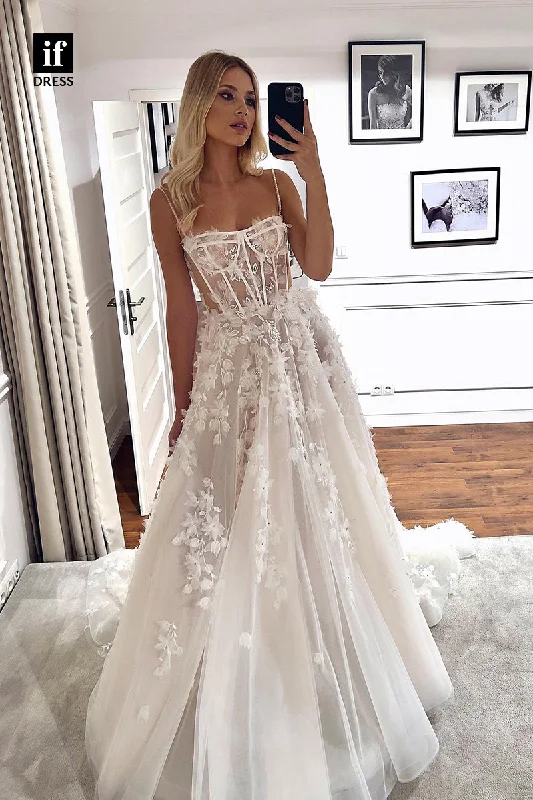 31574 - Charming Spaghetti Straps Appliques Sleeveless Tulle Wedding Dress Mermaid Lace Gown