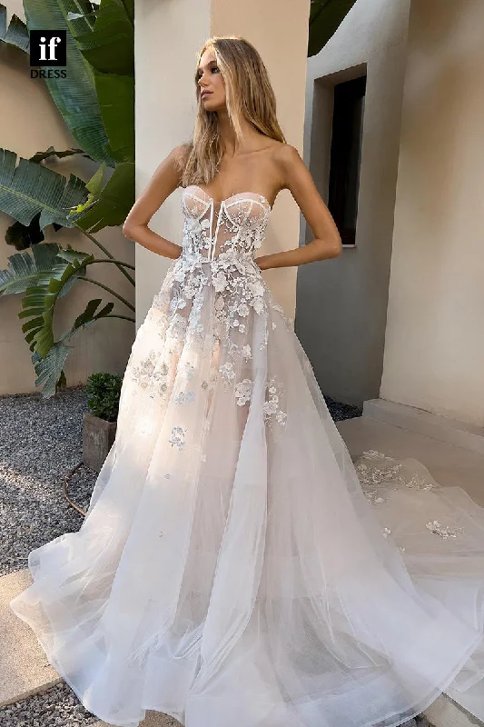 31575 - Sexy Off-Shoulder Sleeveless Appliques Tulle Wedding Dress Lace A-line Dress