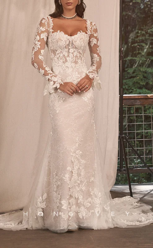 H1642 - Lace Trumpet Sweetheart Long Sleeve Empire Appliques With Train Wedding Dress Romantic Wedding Dress