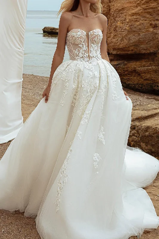 A Line Illusion V neck Lace Appliques Long Sleeves Rustic Wedding Dress QW2231 Sleek Wedding Dress