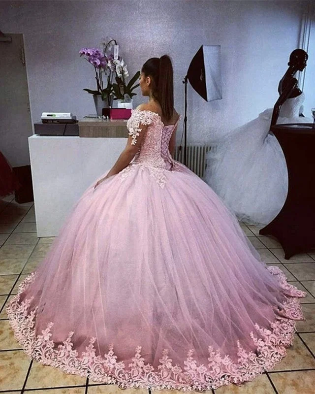 Elegant Tulle Ball Gown Dresses Appliques Off Shoulder Satin Wedding Dress