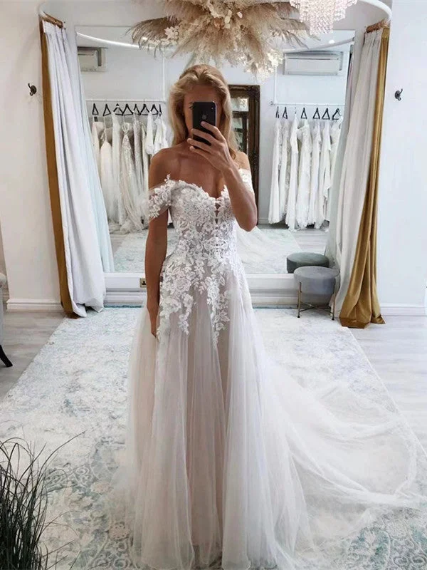 Elegant Off Shoulder Tulle Wedding Dresses, Lace Design A-line Wedding Dresses, Newest Tulle Wedding Dresses Sheer Wedding Dress