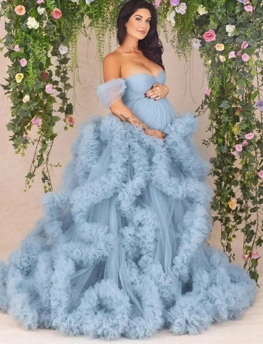 G3019, Dusty Blue Ruffled Maternity Shoot Gownr, Size (All) pp Silk Bridal Dress