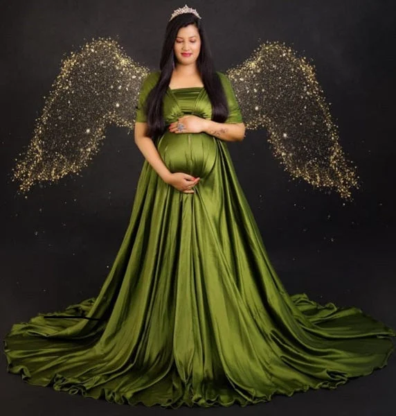 G3015, Kiwi Green Maternity Slitcut Shoot Trail Gown, Size (All)pp Beaded Bridal Gown