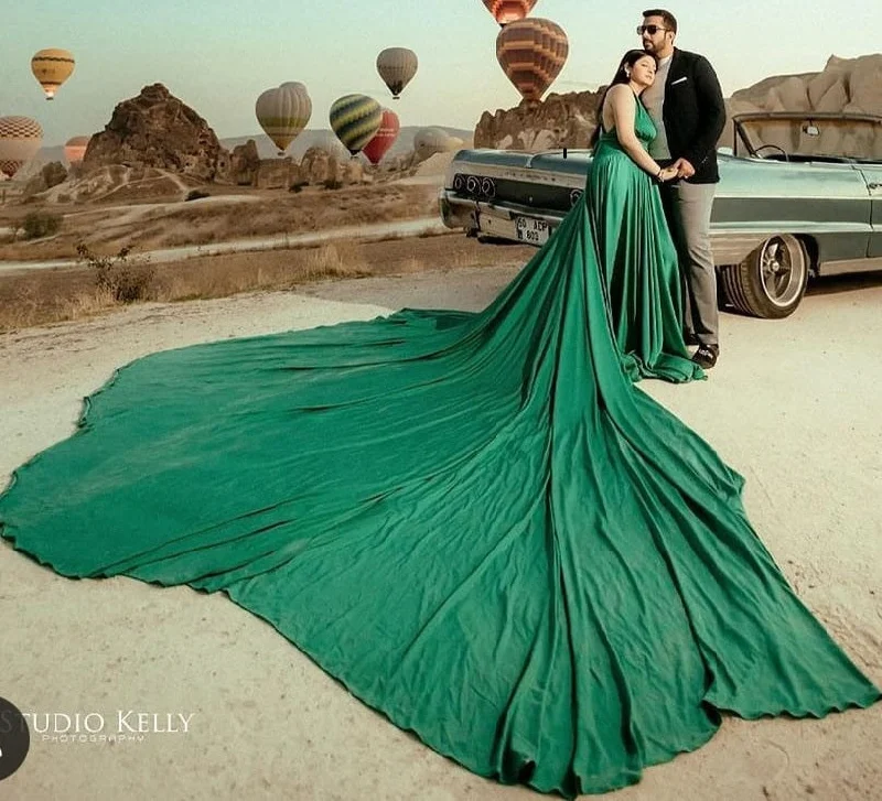 G3013, Castelon Green Satin Slit cut Pre Wedding Shoot Long Trail Gown, Size (All)pp Empire Waist Gown