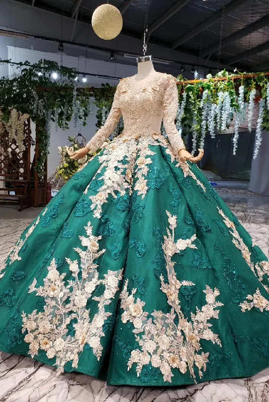 Gorgeous Modest Ball Gown Green Prom Dresses With Sleeves Sparkly Wedding Dresses Off-shoulder Bridal Gown