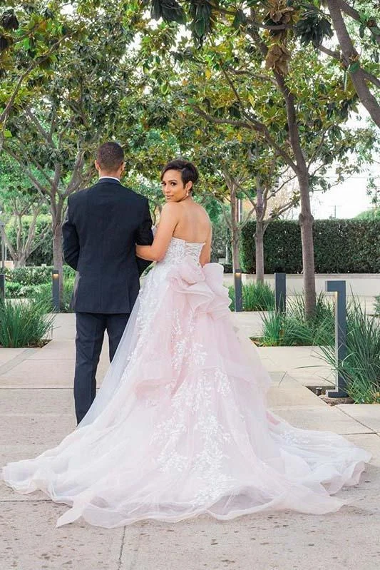 Gorgeous Princess Pink Sweetheart Court Train Wedding Dress With Lace and Tulle N660 Elegant A-line Gown