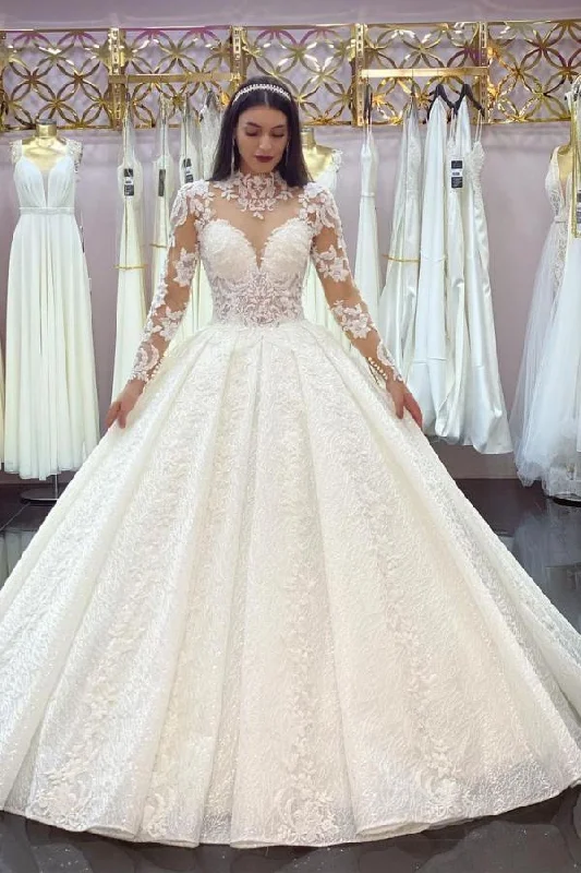 High Neck Jewel Long Sleeve Wedding Dress with Lace Appliques Lace Wedding Dress