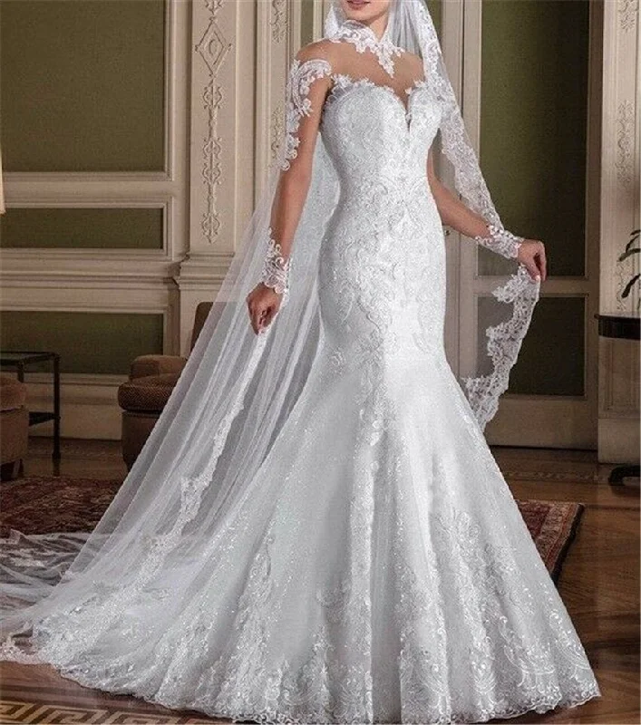 Long Sleeves Mermaid Wedding Dresses High Neck Lace Appliques Bridal Gowns Illusion Lace Gown