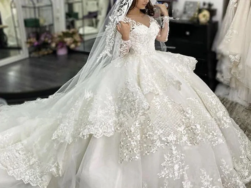 Long Sleeves Princess lace Wedding Dresses Off-shoulder Wedding Gown