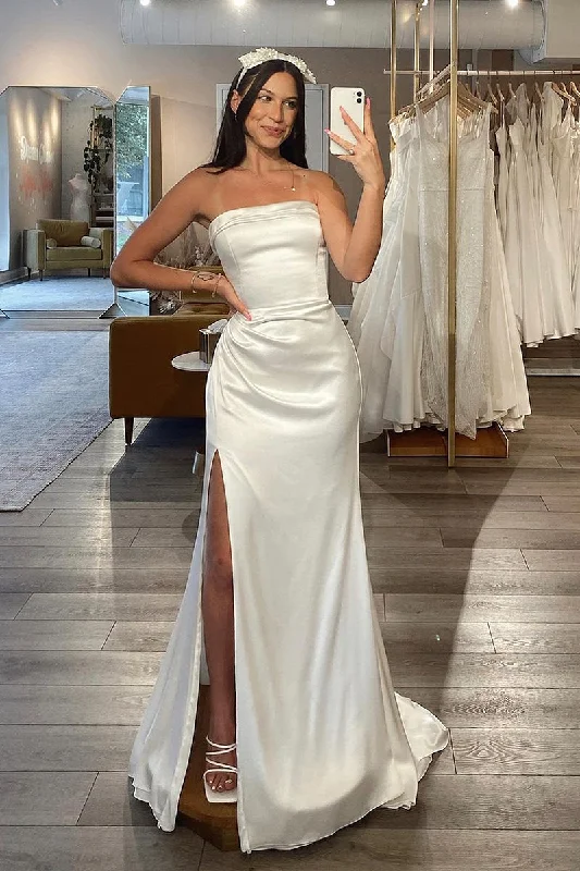 Sheath/Column Strapless Ivory Satin Simple Wedding Dress with Slit QW2176 Embroidered Wedding Dress