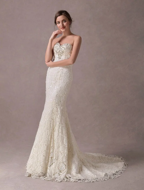 Mermaid Wedding Dresses Lace Strapless Ivory Sweetheart Beaded Bridal Dress With Train Exclusive Classic Bridal Gown