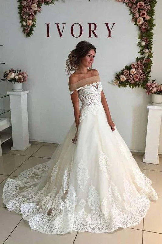 Sexy Ivory Off-Shoulder Sweep Train Wedding Dress Lace applique Bridal Dress N654 Luxury Lace Gown