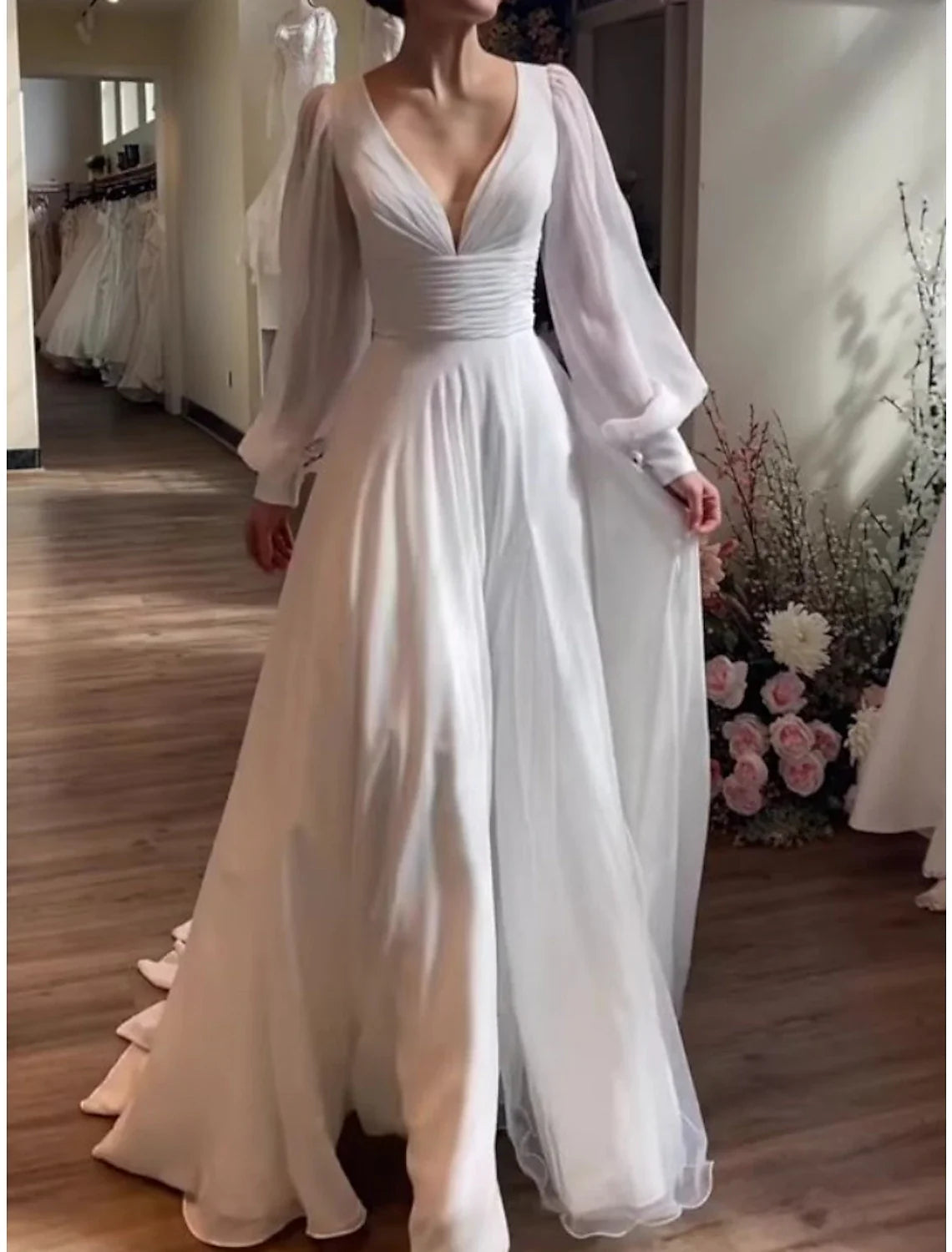 Simple Wedding Dresses Wedding Dresses A-Line Off Shoulder Cap Sleeve Tea Length Satin Bridal Gowns With Pleats Solid Color Floral Bridal Gown