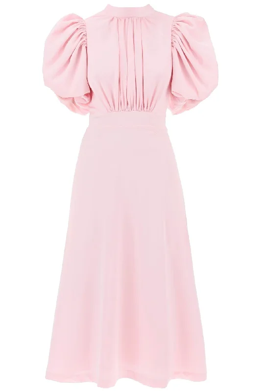 Midi Satin Dress With Balloon Sleeves  - Pink Smocked midi dresses