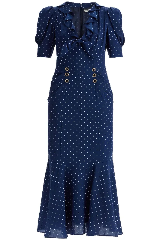 Polka Dot Silk Midi Dress  - Blue Fall midi dresses