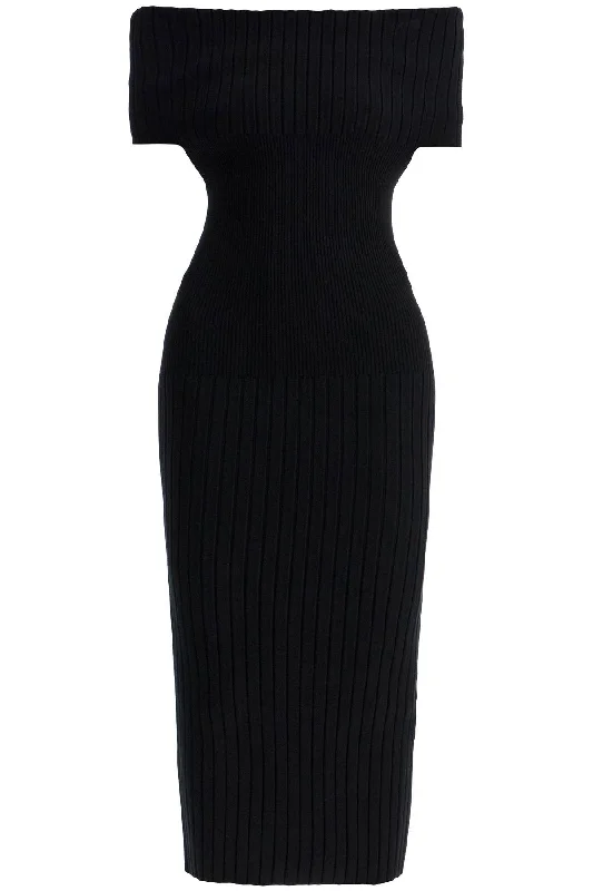 Off-shoulder Midi Knit Dress  - Black Office midi dresses