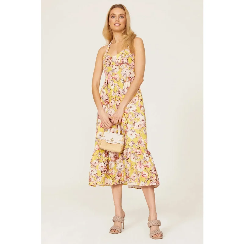 BARDOT Womens Labella Midi Dress 2 (XS) Tropical Yellow Floral-Print Halter NWT Expensive midi dresses