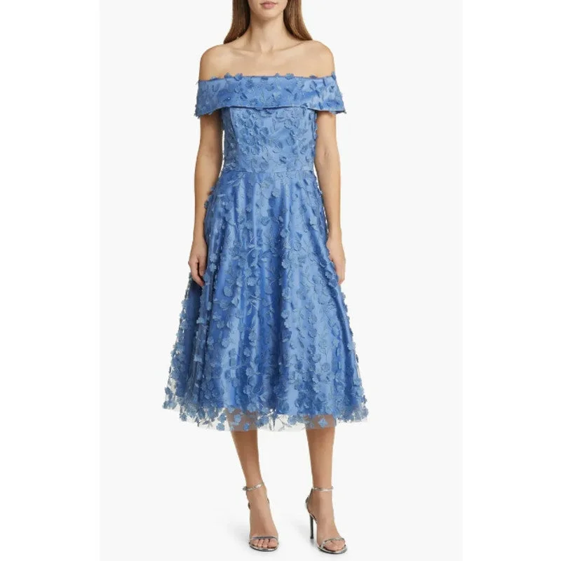 ELIZA J Off the Shoulder Midi Cocktail Dress 8 Slate Blue Floral Appliqué NWT Best midi dresses for casual wear