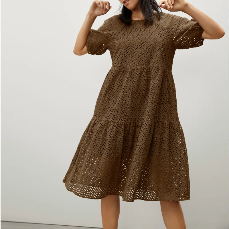 Everlane The Tiered Eyelet Dress XS Midi Cotton Walnut Brown NWT Formal midi dresses