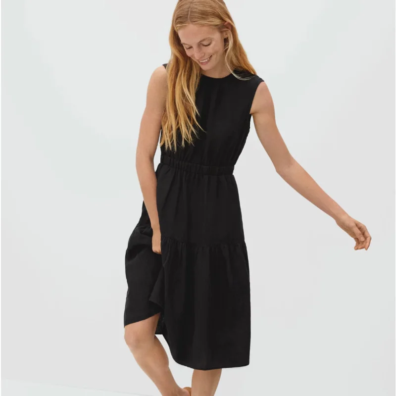 Everlane Womens The Open Back Linen Dress Sz 00 Black Sleeveless Midi NWT Lightweight midi dresses for hot weather