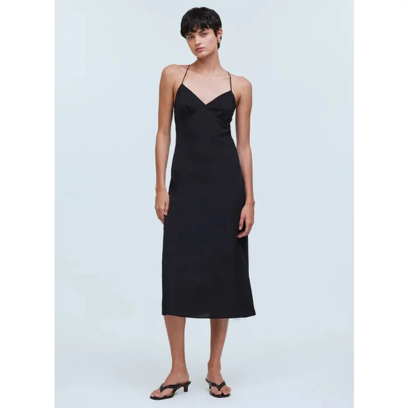 MADEWELL Women's Layton Midi Slip Dress 2 Black Sleeveless Crossback V-Neck NWT Satin midi dresses